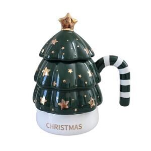 Christmas Tree Mug with Lid Candy Cane Handle Green Gold Stars Ceramic Holiday